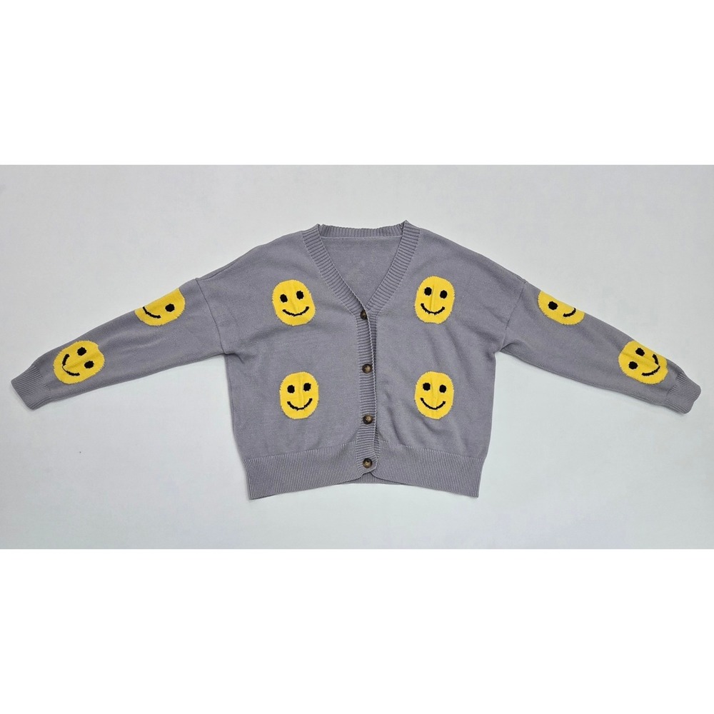 Chouyatou Smiley Face Cardigan Grey XL Button Front Knit Sweater HY052-XYT-07